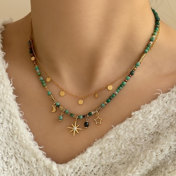 Bohemian Layered Beaded Necklace – Turquoise Stone & Charm Accents - Picture 14 of 15